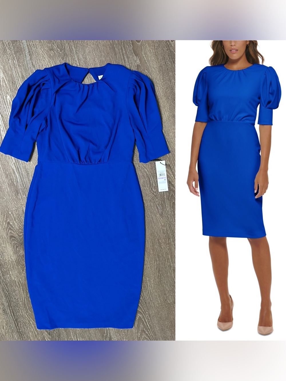 Calvin Klein Women's Puff-Sleeve
Jewel Neck Sheath Dress Size 8 Cobalt blue